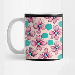 Vintage looking wallpaper with turquoise and pink flowers and blobs. Mug